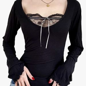 Goth Y2K Lace Front Long Bell Sleeve Top